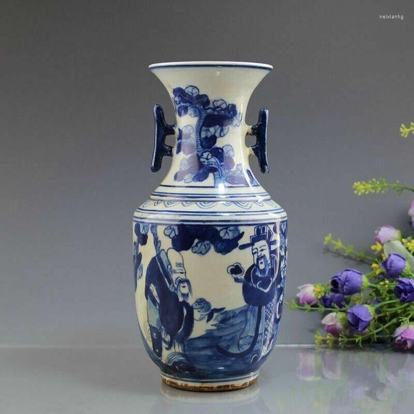Jarrones China Porcelana Antigua Pintura De Figuras Azul Y Blanca Orejas Bilaterales