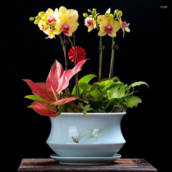 Vases Chine Yixing Pot de fleur Décoration de la maison Rétro Celadon Vase Intérieur Verdure Paysage Respirant avec plateau
