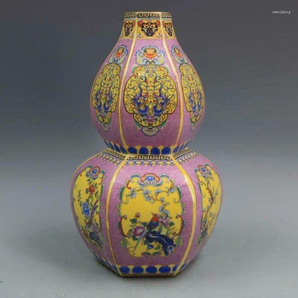 Vases Couleur chinoise Émaliers en porcelaine rose de conception d'oiseau de fleur gourde vase 10,7 pouces