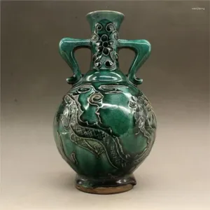 Vases chinois créatif glaçage vert sculpté motif de fleurs vase Vase antique ornements en céramique décoration ménage double oreille lf566