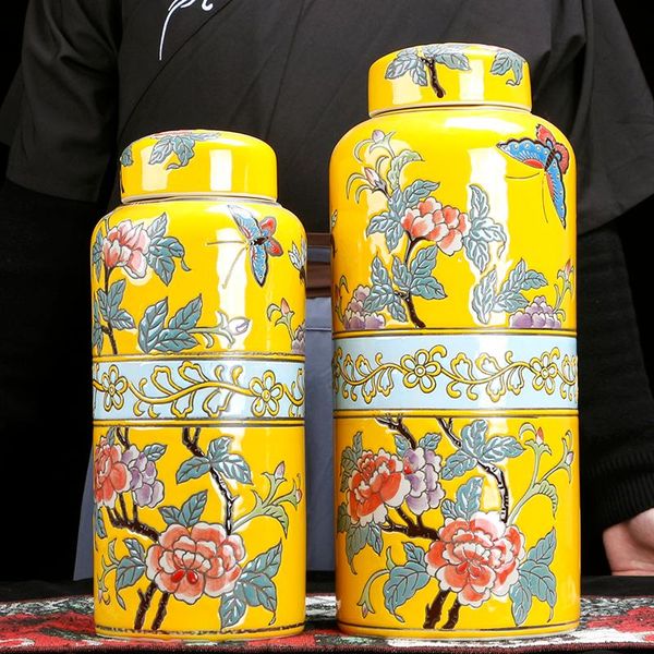 Jarrones chinos pintados a mano, jarrón amarillo, decoración de arreglos florales, sala de estar, entrada, estante antiguo, armario de TV, almacenamiento de cerámica