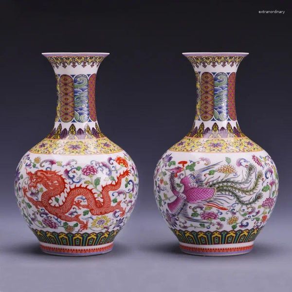 Vases Chinese Jingdezhen en céramique Vase Decoration Dragon et Phoenix Ornements en porcelaine Office de la maison Table de la maison Figurines Artisanat