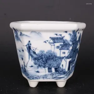 Vases Style chinois Bleu et blanc Porcelaine Water Town Design Pot de fleurs Pot 4,49 pouces