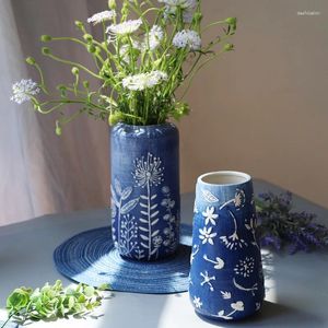 Vases Style chinois Bleu et blanc Vase Vase Cerramic Flower Arrangement Flower décor Ornements Home Relief Appareil