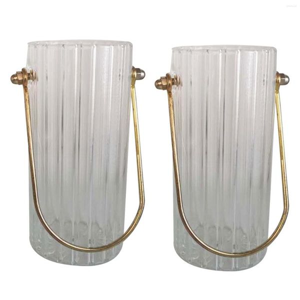 Vases Cylindre Clair Vase À Fleurs En Verre Avec Poignée En Métal Cadeau De Pendaison De Crémaillère Robuste Pour Fleurs Hydroponiques Soie Florals Multifonctionnel