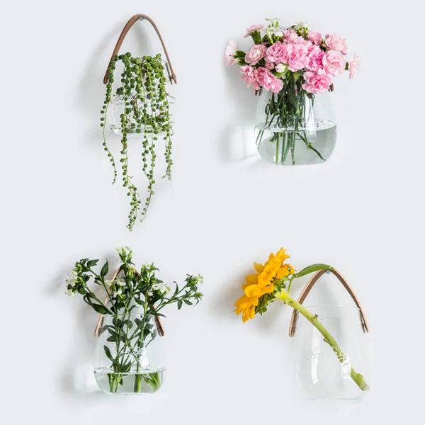 Vases Vase en verre transparent avec poignée en cuir, conteneur de fleurs de table, pot de fleurs, organisateur de bouteilles de plantes, pot de rangement, décoration de la maison