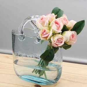 Vases en verre transparent Vases de sac à main Vase Vase à la main Vase à la main avec bol à poisson arrangement de fleurs