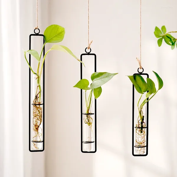 Vases Tubes à essai transparents Vase en verre Tenture murale Hydroponique Fleur Plante Conteneur Corde Pendentif pour la maison Salon Décor