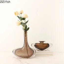 Jarrones Glaze Glaze Vase de vidrio marrón adornos de boca pequeña Arreglo de flores secas Table de decoración del hogar