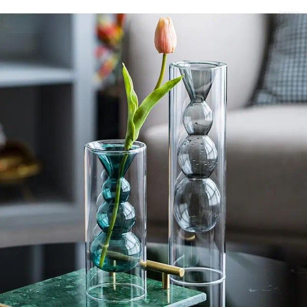 Vases Vase en verre transparent coloré Décoration de bureau Arrangement de fleurs Conteneur hydroponique à double couche