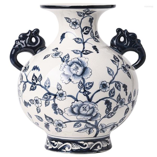Vasen Crackle Glaze Muster Blau und weißes Porzellan Binaural Vase Keramikdekoration Villa Vintage Ornament Wohnzimmer