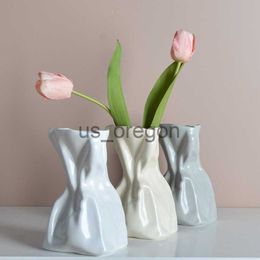 Vazen crème stijl hoge schoonheid creatieve origami vouwt onregelmatige keramische vazen ​​woonkamer eettafel decoraties x0821