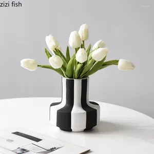 Vases Creative Vase en céramique rayé noir et blanc Table à manger Table à fleurs Décoration Salon Esthétique