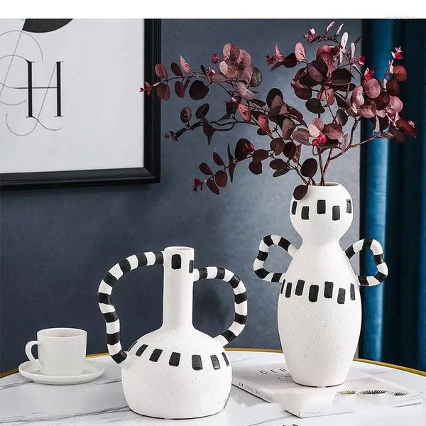 Vases Creative Black and White Stripes Geométrique Abstraction Vase Vase Céramique Artisanat Floral Decoration Home Decoration