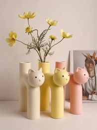 Vases Créatif en céramique fleur Vase mignon tubulaire Kawaii chat Vase chambre maison bureau décoration Art ornement cadeau pot de fleurs livraison gratuite