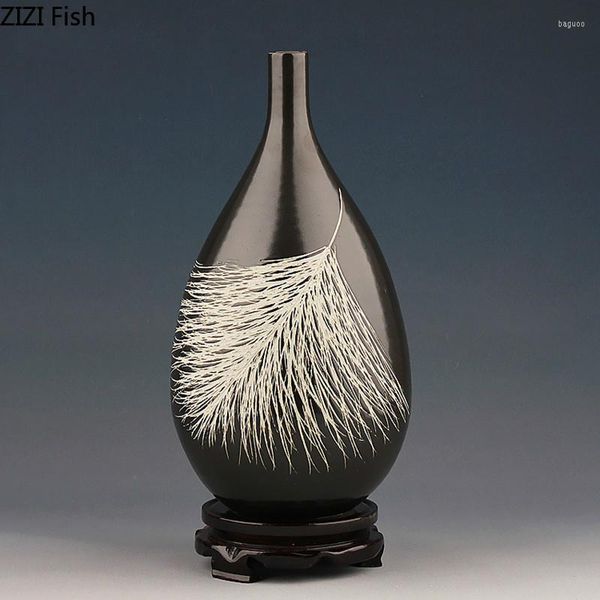Vases Creative Céramique Chinois Rétro Feuilles Vase Ornements Décoratifs Salon Arrangement De Fleurs Moderne Maison Céramique Artisanat