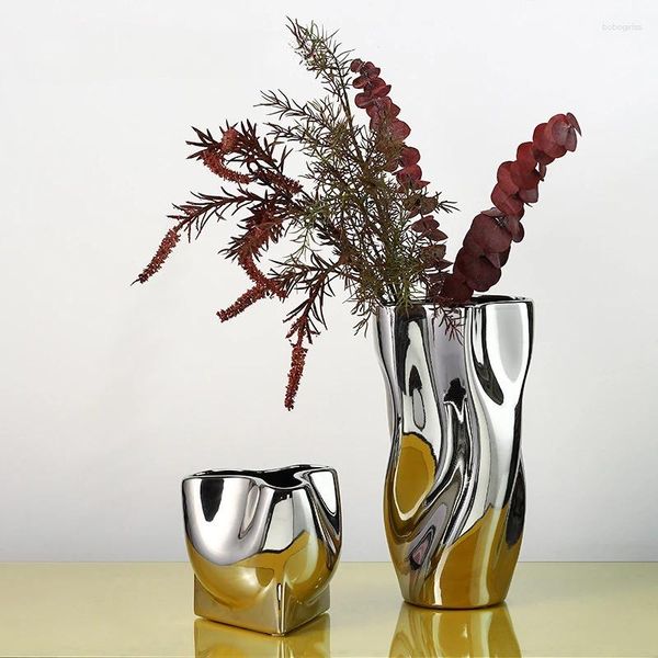 Vases Creative Electroplated Silver Ceramic Vase Decoration Home Living Room Table à manger Luxur Luxury Soft Flower Ware