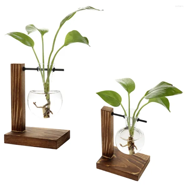 Jarrones creative vidrio madera de madera plantador mesa de terrario de escritorio hidroponics plantas macetas colgantes de macetas con bandeja de madera decoración del hogar