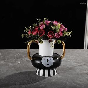 Vases créatives dorées Binon Binaural noir et blanc surface verticale Vase céramique Vase moderne décoration de salon léger ornements de luxe