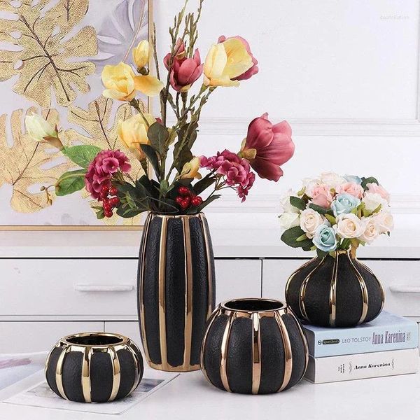 Vases créatifs rayures dorées vase en céramique noire pots de fleurs modernes arrangement décoratif décoration de bureau plaqué or