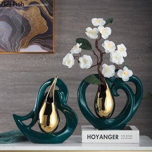 Vazen creatieve hartvormige keramische gouden drop bloem arrangement holle porseleinen vaas insert moderne woningdecorvases