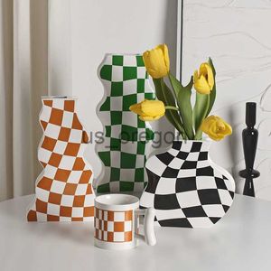 Vases Creative Home Decor Vases en Céramique Arts de la Fleur Céramique Vases à Carreaux Salon Salon Décoration Pots de Fleurs Grand Vase x0630