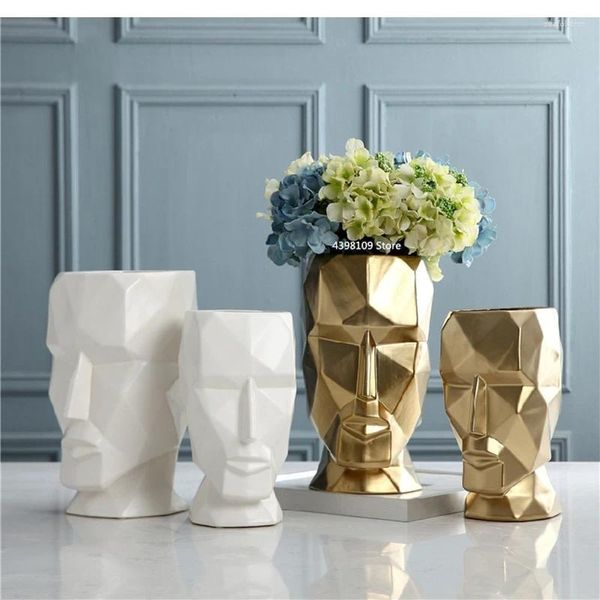 Vases Creative Human Face State Decoration Vase Decoration Nordic Géométrie Golden Céramique Grand salon moderne Desktop Decorative