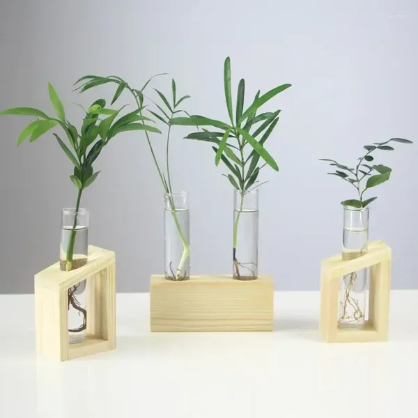 Jarrones creativos para el contenedor de plantas hidropónicas Tubo de vidrio con soporte de madera Terrario Transparente Home Garden Decoraciones de escritorio