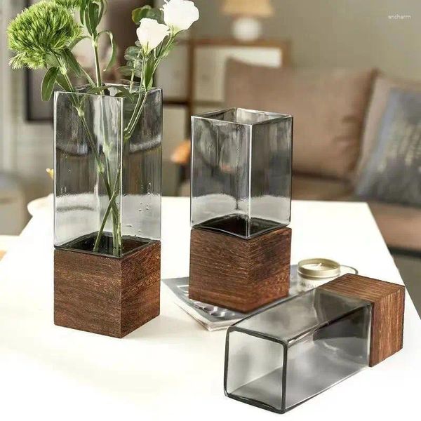 Vases Creative Simple Base en bois Vase en verre fait à la main cylindre droit primaire décoration de la maison porche Table fleur arrangeur