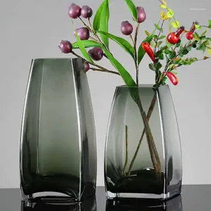 Vases créatifs gris fumé carré verre vase salon fleur arrangement lumière luxe moderne décoration de la maison