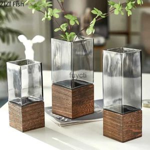 Vazen Creatieve Vierkante Glazen Vaas Houten Basis Bureaudecoratie Bloemenvazen Hydrocultuur Bloemen Potten Bloemstuk Modern Home Decor YQ240117