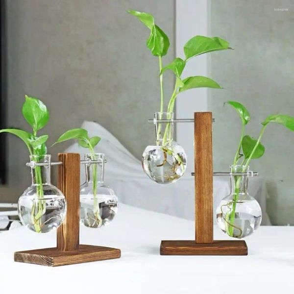 Vases Vase d'ampoule transparent créatif avec support en bois, planteur de table en verre, décoration de bureau