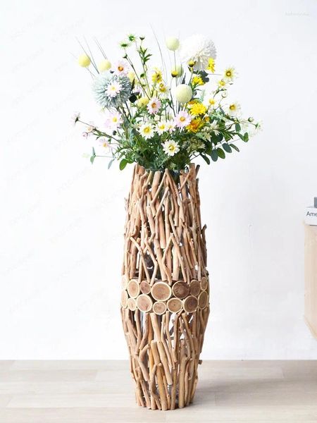Vases Creative Wooden Floor grand vase décoration salon arrangement floral nordique simple de fleur séchée simple