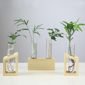 Vazen kristalglas testbuis vaas hydrocultuurplanten bloem fles container met houten frame stand voor kantoor tuinhuisdecoratie