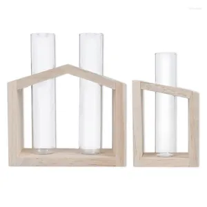 Vases en verre en verre cristallin Vase en bois dans le support en bois des pots de fleurs maison hydroponique pour le salon décoration de la chambre à coucher