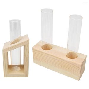 Vases de tube à essai en verre de cristal de vases dans des pots de fleur de support en bois pour des usines