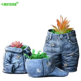 Vases Denim Vêtements Pantalons Résine Pot De Fleur Jardin Ornement Créatif Chapeau Arrangement Conteneur Artisanat Cadeau