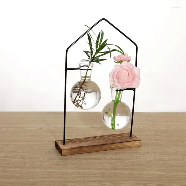 Vases Desktop Home Verre nordique en fer fleurs vase avec porte-plante métal