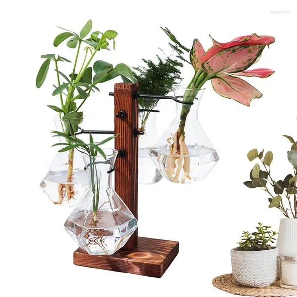 Vases Bureau Plante Terrarium Hydroponique Planteur Kit Ampoule Moderne Vase En Verre Avec Support En Bois Pour