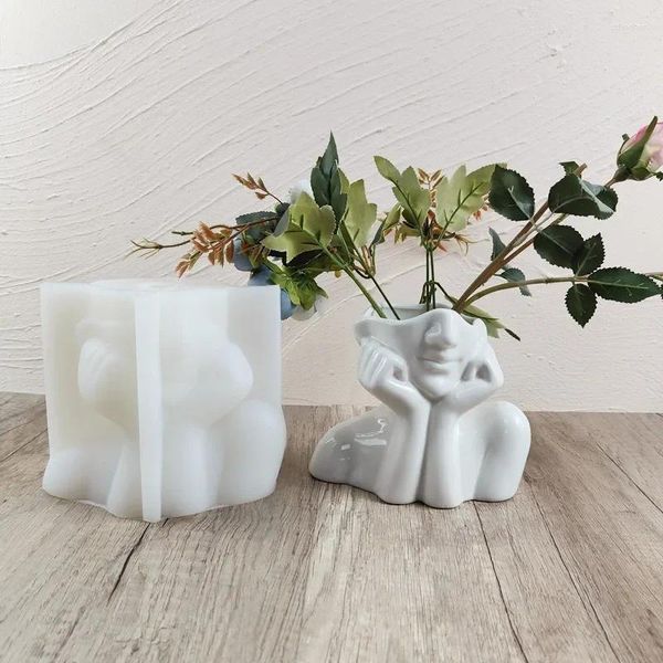 Vases DIY Shyness Résumé visage Silicone Fleute Moule Plantes succulentes Ciment Vase Moule de résine Poterie Gypse Béton