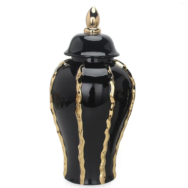 Vases Élégant pot de gingembre en céramique noire avec accents dorés et couvercle amovible – Décoration d'intérieur intemporelle