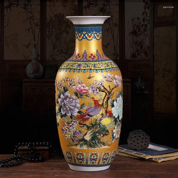 Vases émail pivoine impression céramique Vase Style chinois rétro Jingdezhen porcelaine ornements ameublement décorer