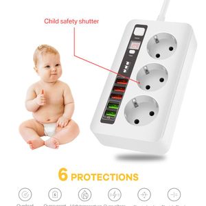 Vazen EU -plug stekkerstrook 3 AC 5USB -poort Multiprise 2500W Timer Smart Home Power Strip 2m Extension Cord Electrical Socket met schakelaar