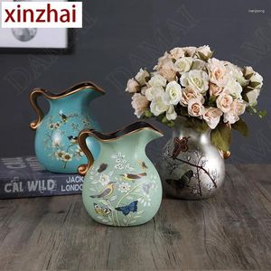 Vases Vase en céramique européen peint à la main petit oiseau pivoine salon fleurs séchées organisateur maison bureau petite théière fleur