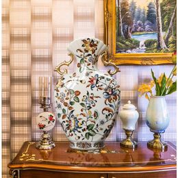 Vases européens à double oreille Vase Vase peinte fissures de la maison décoration rétro de plante en céramique salon ornements luxueux