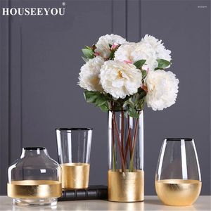 Vases vase de fleurs en verre européen avec feuille d'or figurines décor de salon artisanat artisanat ornement ménage cadeaux de mariage