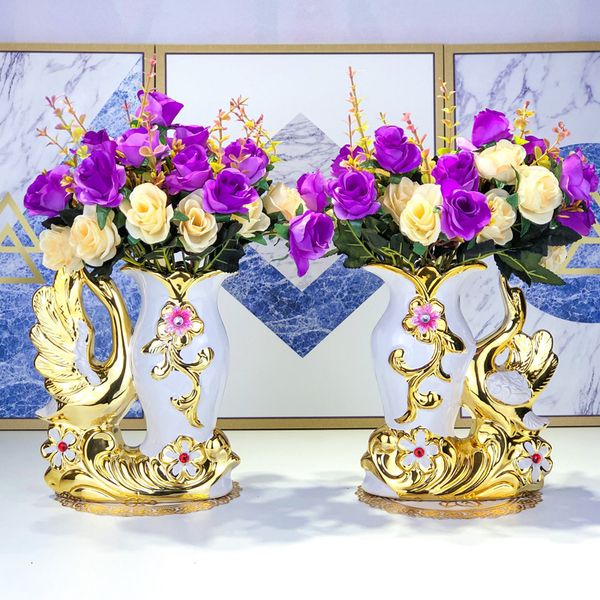 Vases Style Européen En Céramique Golden Swan Fleur Vase Maison Salon Creative Table À Manger Vases Blancs Arrangement Décoration De La Maison 230628