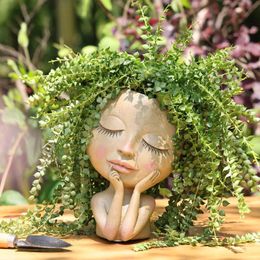 Vases Face Head Planteur Plante succulente Pot de fleur Récipient en résine avec trous de drainage Pot de fleurs Figure Décor de jardin Ornement de table 231201