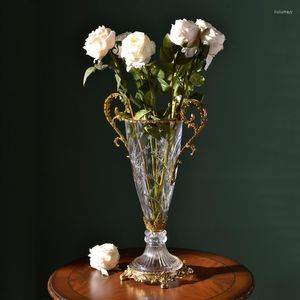 Vazen Fabriek Prijs Itaian Classical Style Decoratie Exquise Clear Crystal Glass Bud met antieke luxe koperen bloemen vaas