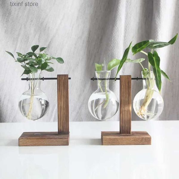 Vases Mode verre bureau planteur ampoule Vase support en bois hydroponique plante conteneur maison table décor Vases salon décoration T240309